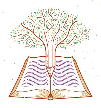 Ağaç açık vintage kitap eğitimi veya sc üzerinde kalem ile birlikte