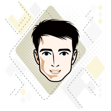 Yakışıklı brunet erkek yüzü vektör illüstrasyon, pozitif yüz 