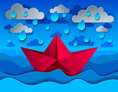Origami kağıt gemi oyuncak okyanus üzerinde yağmurda yüzme, kıvrımlı dalgalar 