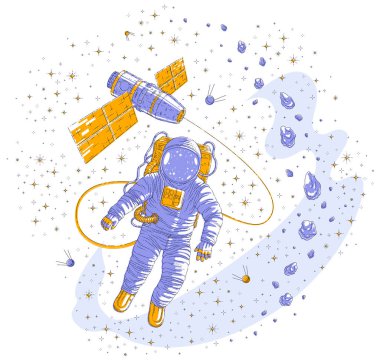 Uzay istasyonuna bağlı açık uzayda uçan uzay adamı, astronot erkek ya da kadın evrende yüzen ve asteroitler, yıldızlar ve gezegenler ile çevrili iss uzay aracı. Vektör illüstrasyon izole.