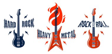 Elektrik gitar vektör logoları seti ile Hard Rock amblemleri, konser