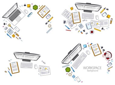 Office desks workspaces top view with PC and laptops  and divers clipart