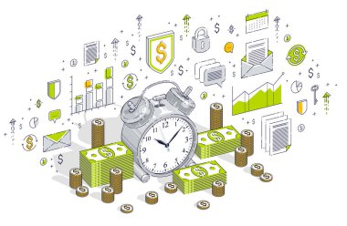 Para kavramı, nakit para yığınları ile çalar saat tablo Zamanı 