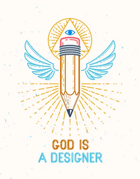 Бог - это дизайнерская концепция, карандаш с крыльями и всем видящим глазом — стоковый вектор