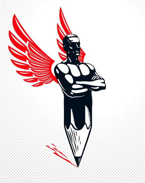 Homem musculoso Strongman combinado com lápis e asas em um simbolismo — Vetor de Stock