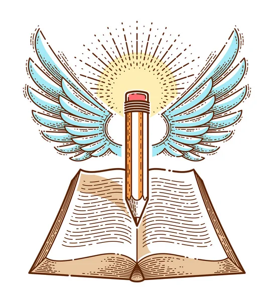 빈티지 책과 날개 달린 연필 교육 또는 과학 지식 공동 — 스톡 벡터