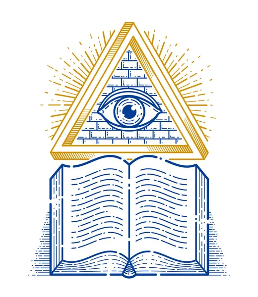 Tajemnica wiedzy rocznika otwarta książka ze wszystkimi widząc oko Boga w — Wektor stockowy