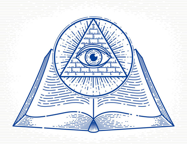 Secret knowledge vintage open book with all seeing eye of god in