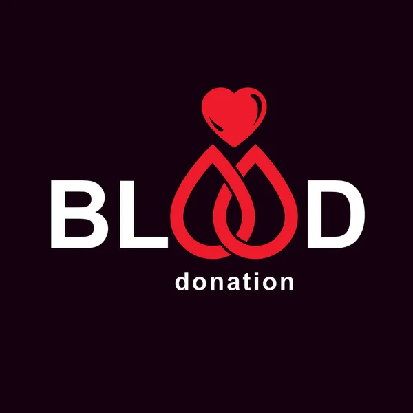 Inscripción de donación de sangre hecha con forma de corazón y gotas de sangre — Vector de stock