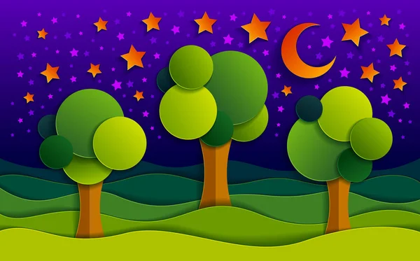 Trois arbres dans la nuit dans le champ paysage naturel pittoresque ca — Image vectorielle