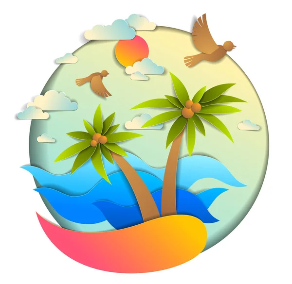 Hermoso paisaje marino con olas marinas, playa y palmeras, nubes de aves — Vector de stock