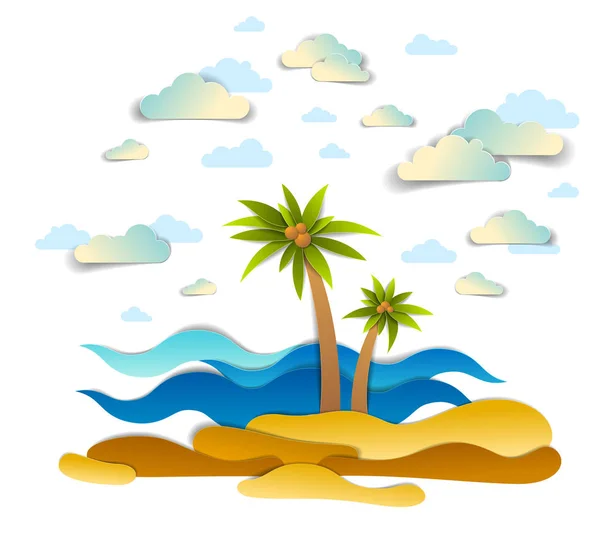 Bellissimo paesaggio marino con onde marine, spiaggia e palme, nuvole in — Vettoriale Stock