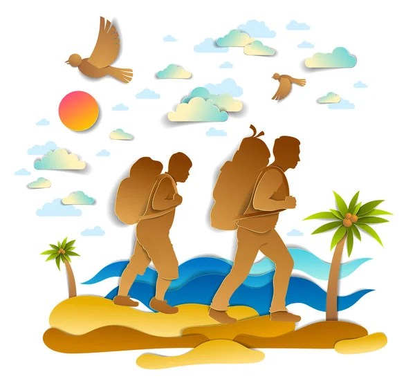 Aktiv far och son vandring genom havet strand med palmer och se — Stock vektor