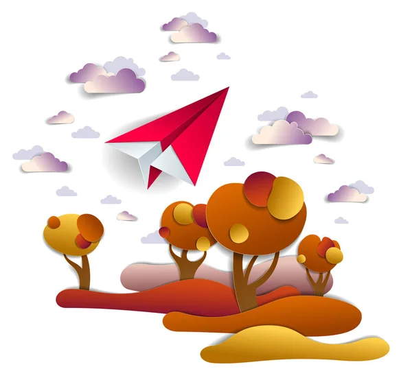 Origami papier vliegtuig speelgoed vliegen in de herfst hemel over rood en gij — Stockvector
