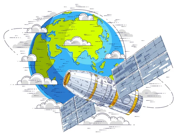 Stacji kosmicznej latający lot orbitalny wokół ziemi, spacecraf — Wektor stockowy