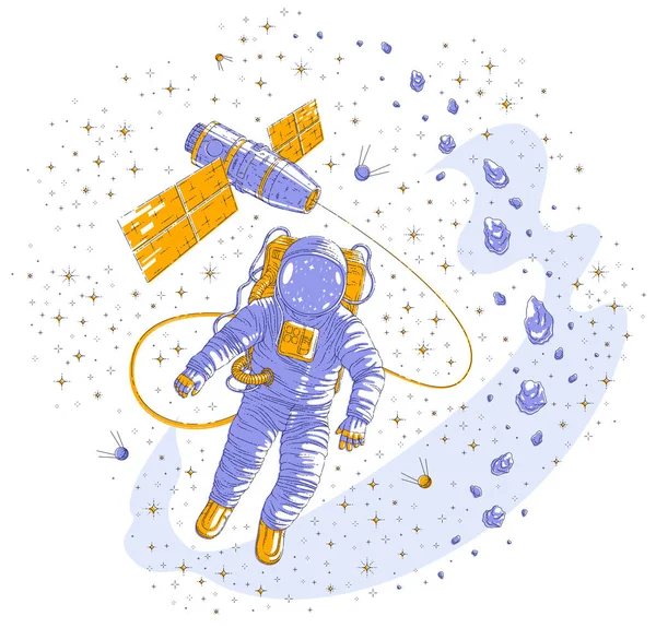 在与空间站相连的空旷空间飞行的宇航员 在宇宙中漂浮的宇航员 以及被小行星 恒星和行星包围的宇宙飞船 矢量插图隔离 — 图库矢量图片