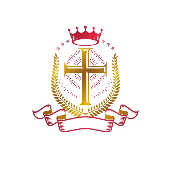 Christian Cross emblème d'or créé avec la couronne royale, laurier w — Image vectorielle