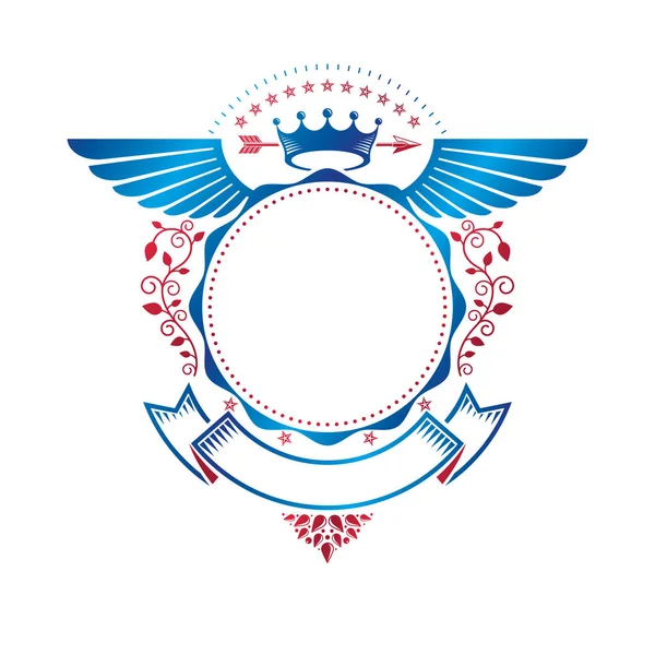 Emblema alato grafico creato con antica corona e lancia affilata — Vettoriale Stock