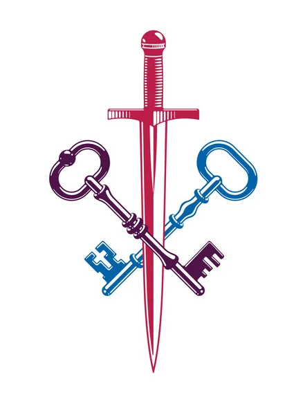 Gekruiste sleutels en dolk vector symbool embleem, turnkeys en zwaard — Stockvector