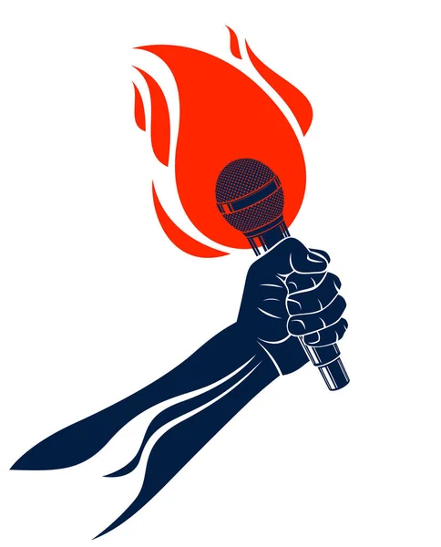 Microphone en main sur le feu, micro chaud en flammes live show, batte rap — Image vectorielle