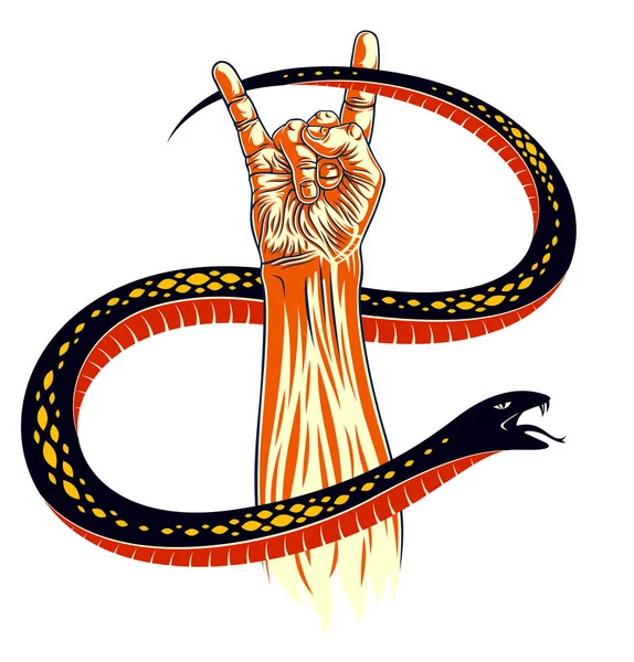 Rock signe main avec serpent agressif, musique chaude Rock and Roll ge — Image vectorielle