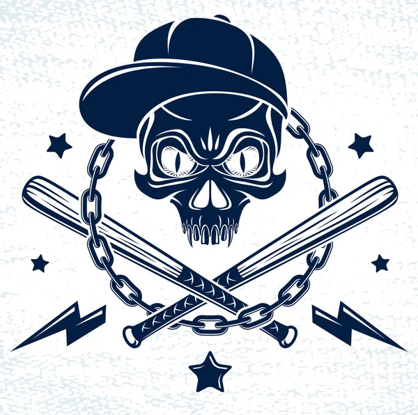 Brutális gengszter jelkép, vagy logó, agresszív koponya baseball-ba — Stock Vector