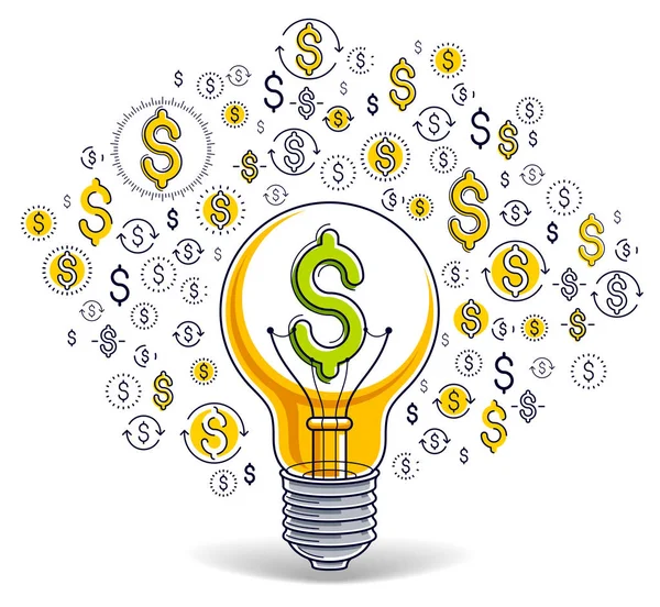 Shining light bulb and set of dollar icons, business idea creati — Stock Vector