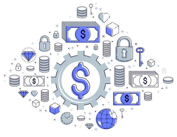 Système économique et concept d'entreprise, mécanisme d'engrenage avec dollar — Image vectorielle