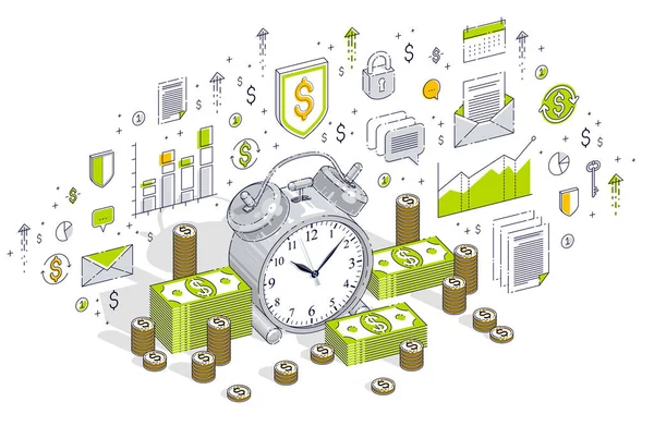 El tiempo es el concepto de dinero, mesa de despertador con dinero en efectivo pilas — Vector de stock
