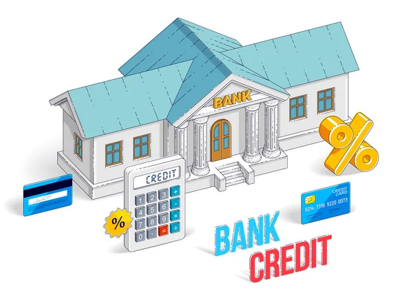 Concepto de crédito, edificio bancario con calculadora aislada en blanco — Archivo Imágenes Vectoriales