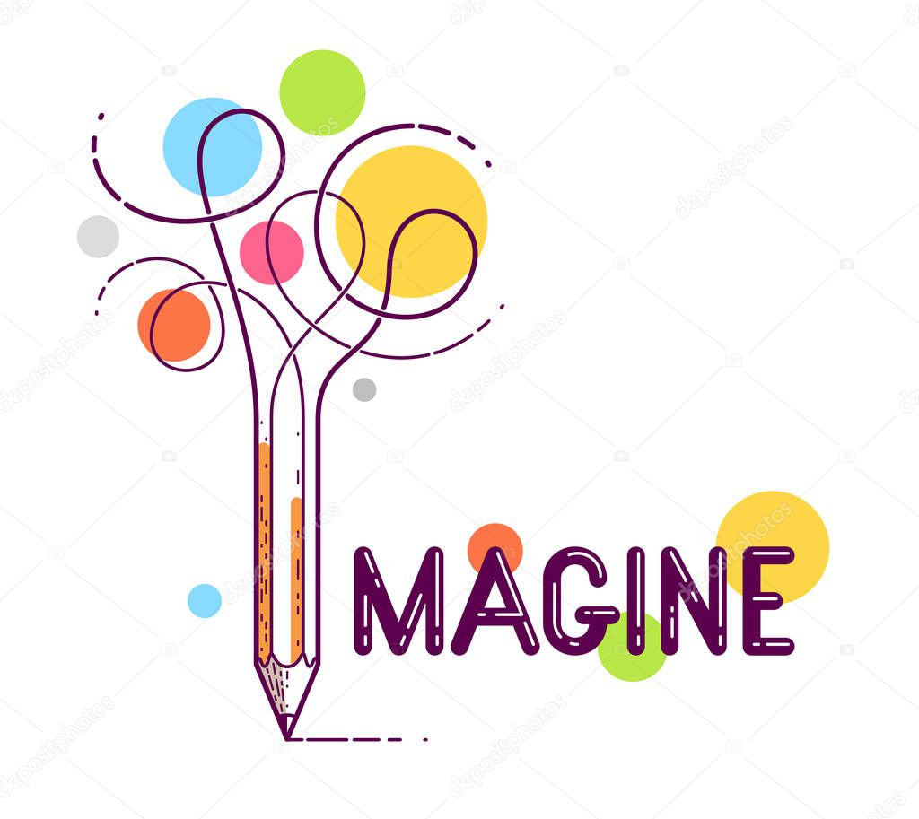 Imagine word with pencil instead of letter I, imagination and fantasy concept, vector conceptual creative logo or poster made with special font.