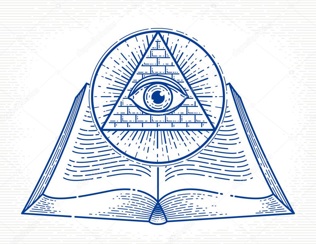 Secret knowledge vintage open book with all seeing eye of god in