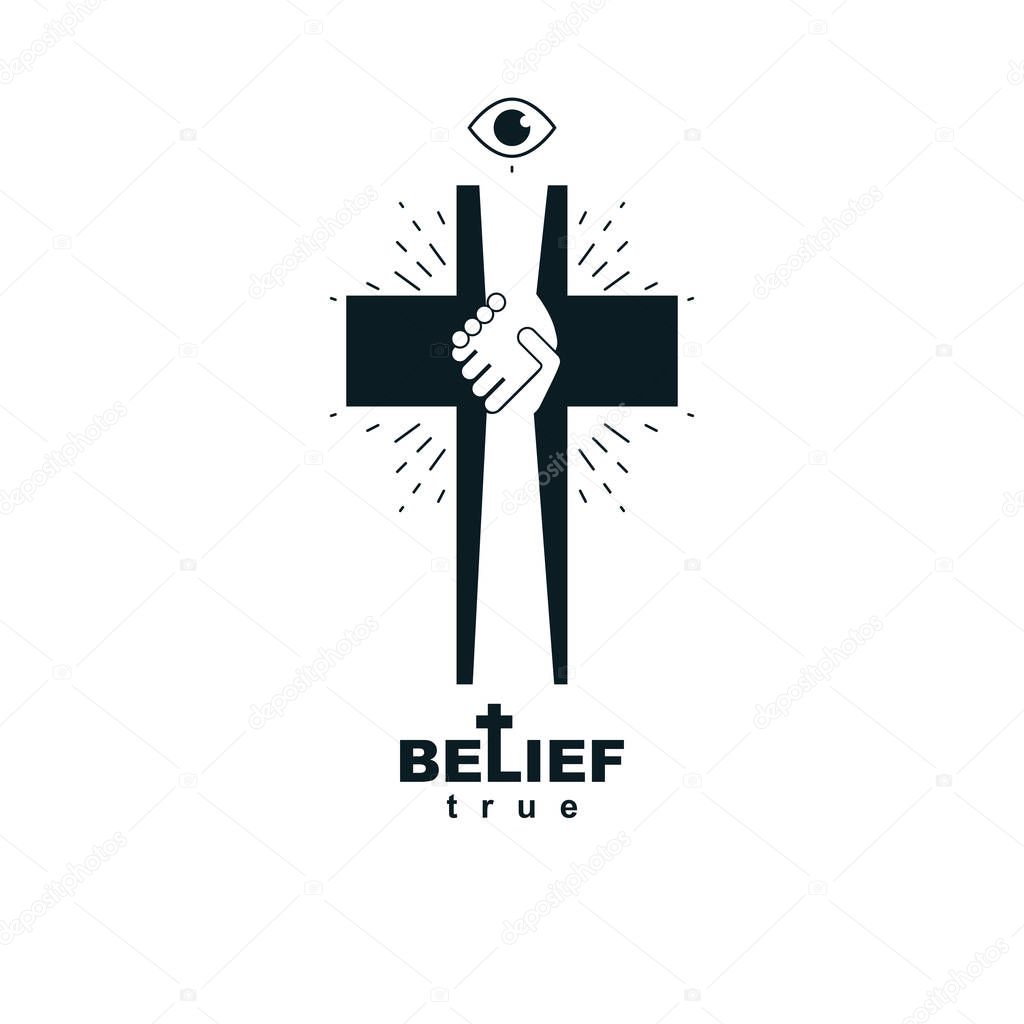 Hand of God shaking the hand of believer, helping and love of Jesus. Christian Cross vector symbol, Christianity God religion icon.
