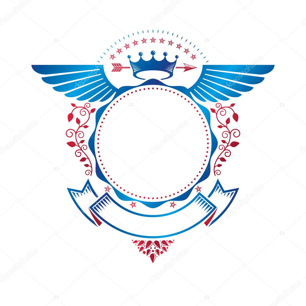 Graphic winged emblem created with ancient Crown and sharp spear. Heraldic vector design element decorated with ribbon. Retro style label, heraldry logo.