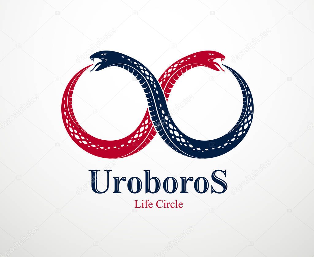 Snake eating its own tale, Uroboros Snake in a shape of infinity symbol, endless cycle of life and death, Ouroboros ancient symbol vector illustration logo, emblem or tattoo.