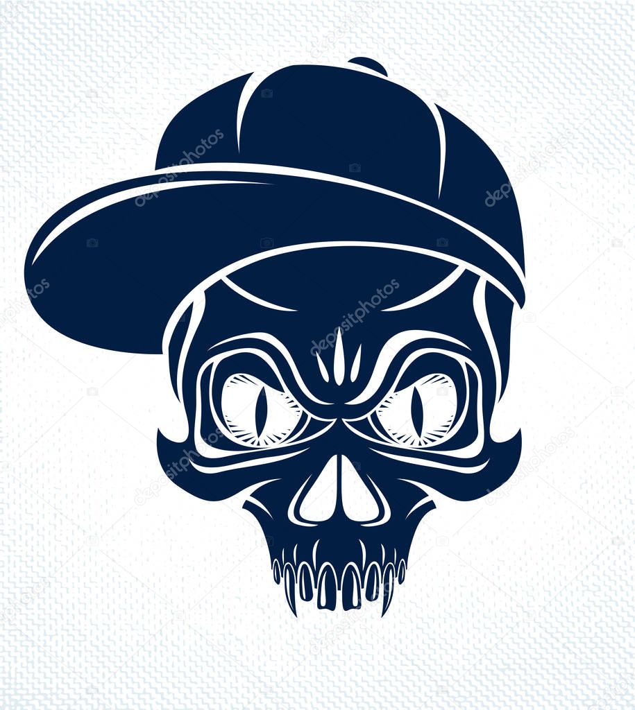 Gangster skull vector logo, icon or tattoo, urban stylish aggressive criminal scull.