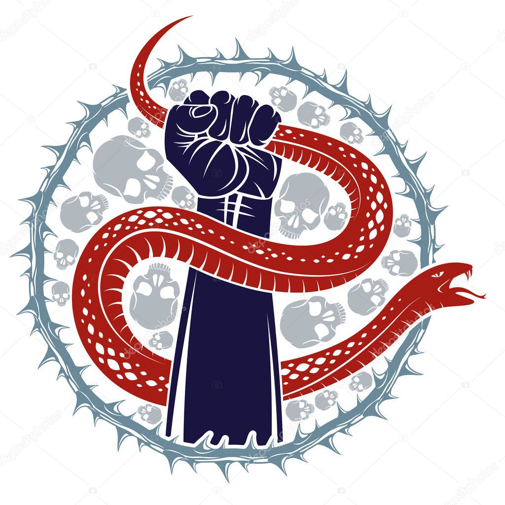 Hand squeezes a snake, fight against evil devil and Satan, control your inner beast animal, archetype shadow, life is a fight concept, vintage vector logo or tattoo.
