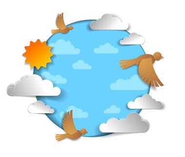 Kuşlar gökyüzünde güzel bulutlar ve güneş arasında uçan akın, su