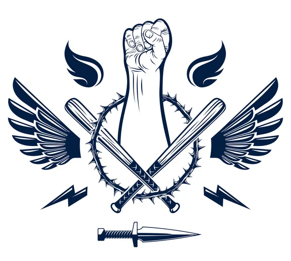 Revolución y disturbios emblema agresivo o logotipo con fuerte cierre — Archivo Imágenes Vectoriales