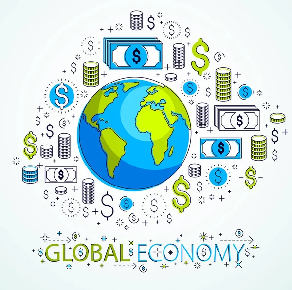 Conceito de economia global, planeta terra com ícones de dólar definido, inte — Vetor de Stock