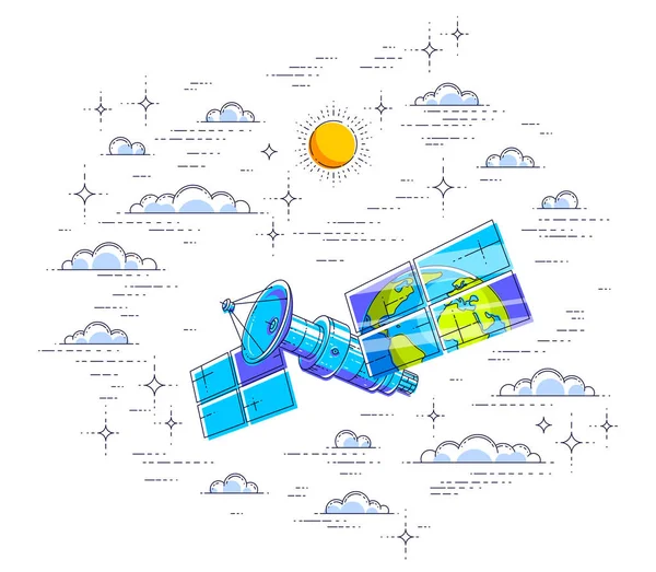 Global communication technology satellite flying in the cloudy s — Stock Vector