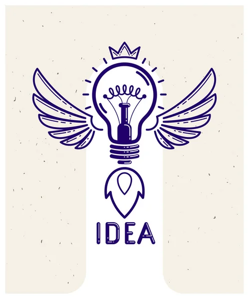 Idea bombilla con alas lanzándose como un vector de cohete lineal — Vector de stock