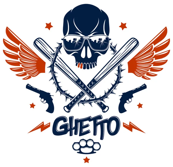 Brutal emblema de gángster o logotipo con la agresiva ba de béisbol cráneo — Vector de stock