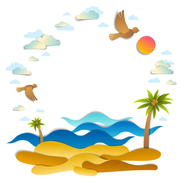 Hermoso paisaje marino con olas marinas, playa y palmeras, nubes de aves — Vector de stock