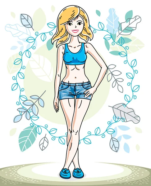 Attractive young blonde woman standing on background of spring l — Stock Vector