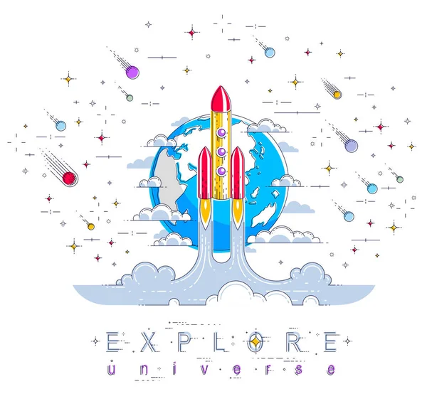 Arranque de cohetes de la tierra al espacio para descubrir sin descubrir, surro — Vector de stock