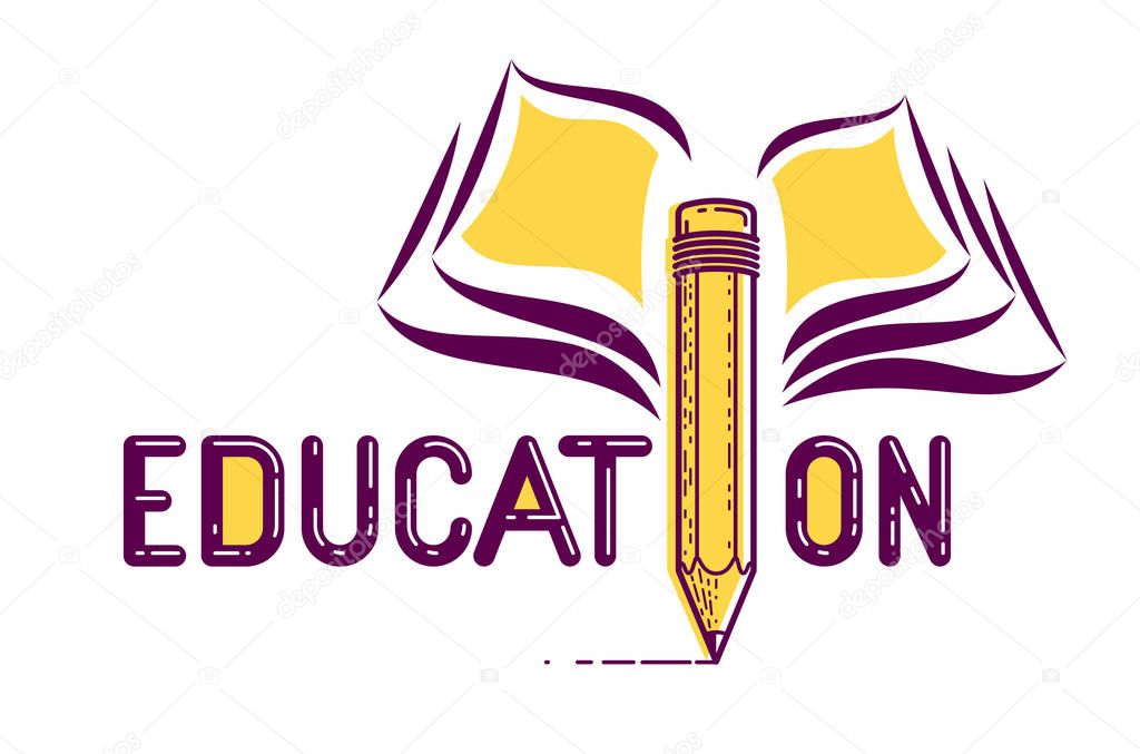 Education word with pencil instead of letter I and book, study and learning concept, vector conceptual creative logo or poster made with special font.