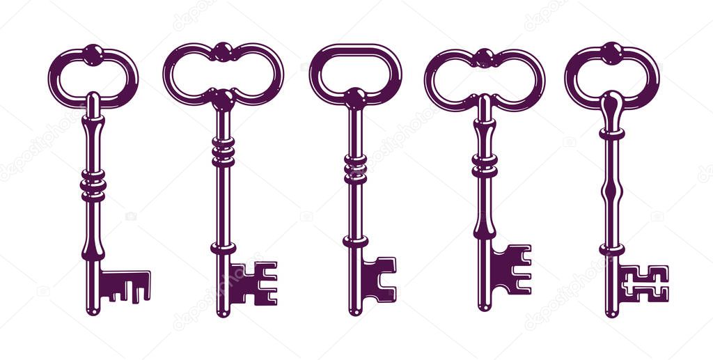 Vintage keys vector logos or icons set, beautiful antique turnke