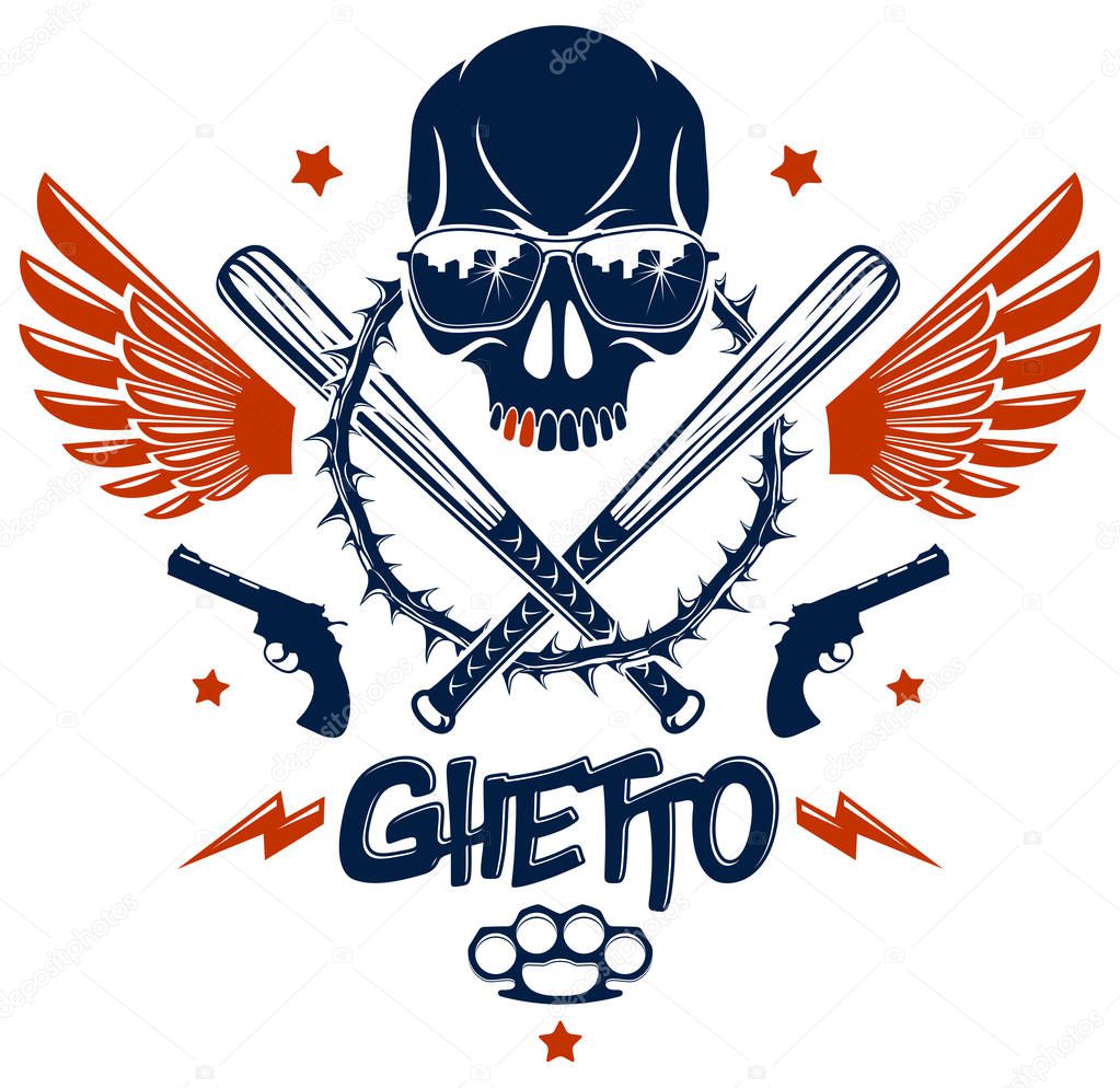 Brutal gangster emblem or logo with aggressive skull baseball ba
