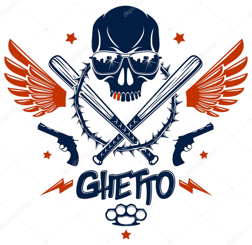 Brutal gangster emblem or logo with aggressive skull baseball bats and other weapons and design elements, vector anarchy crime or terrorism retro style, ghetto revolutionary.